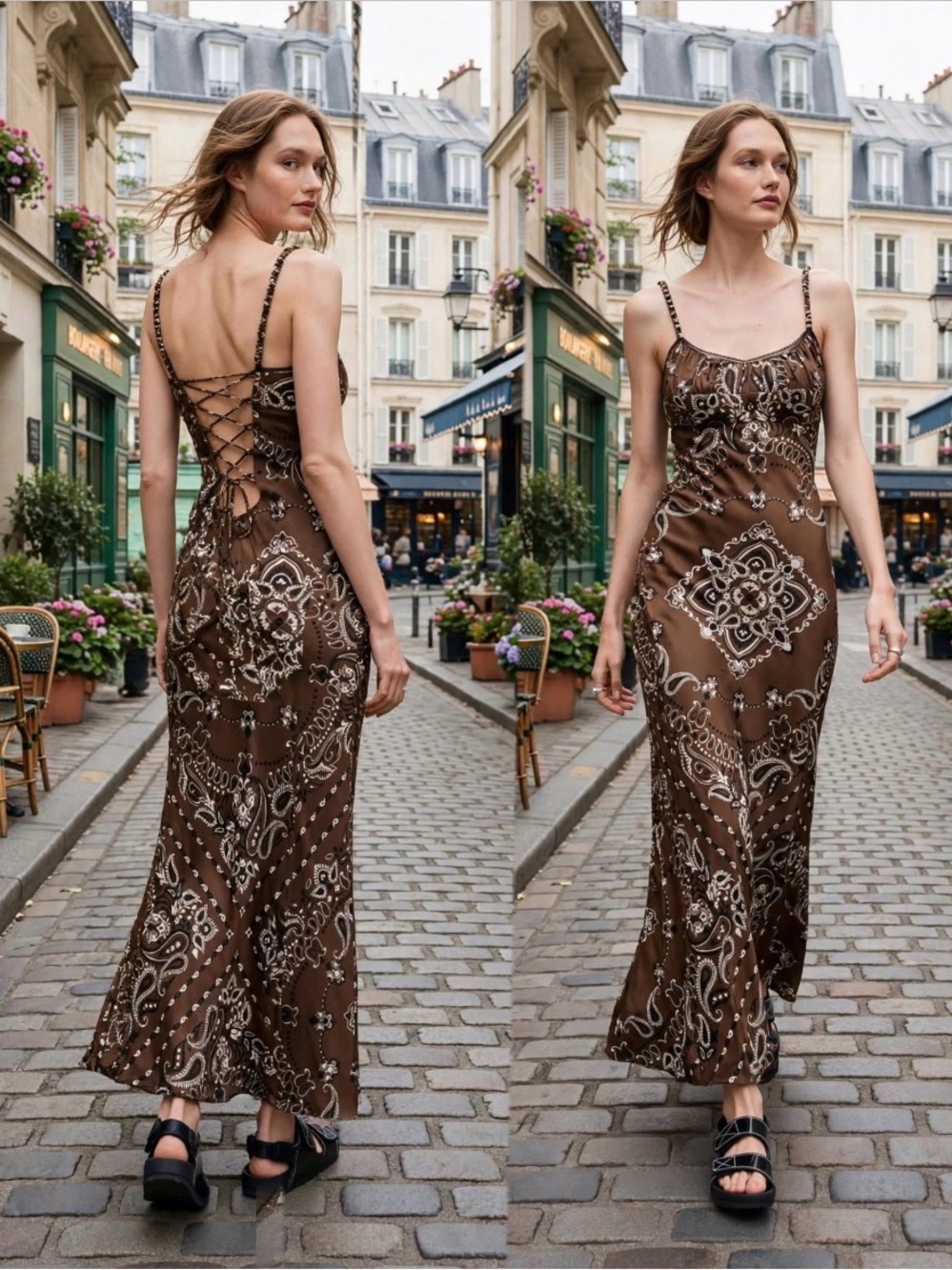 Sandro Bandana Print Midi Dress Brown Paisley Slip Dress FR 40 or US 8.